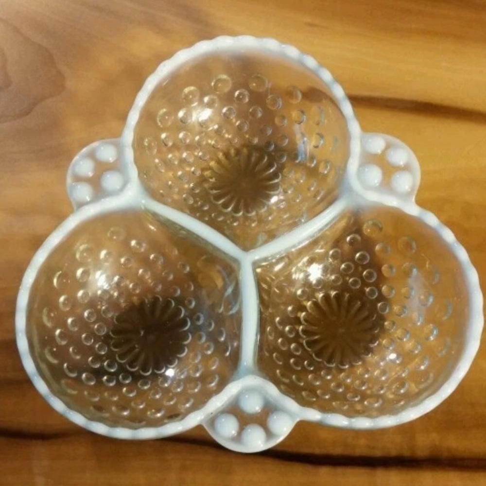 Vintage Fenton Moonstone Opalescent Hobnail 3 Section Divided Relish Candy Dish